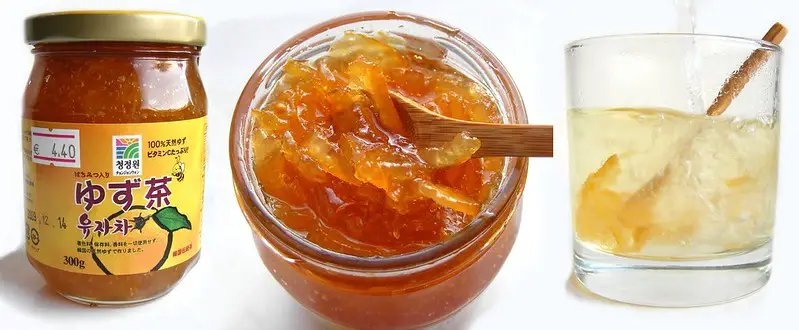 Yuzu marmalade mixed with honey in a glass to form Yuzu-cha